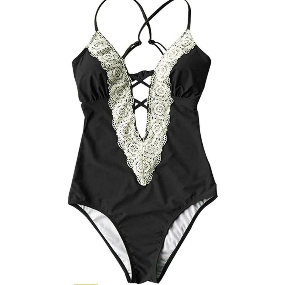 Cupshe Black One-Piece Swimsuit with Cream Lace Trim